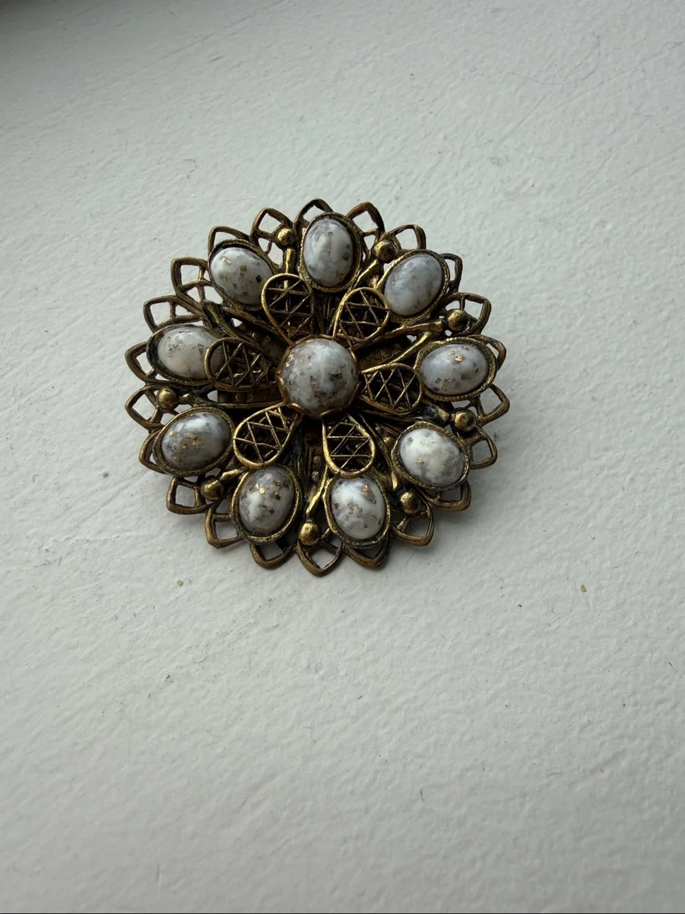 Vintage Gold Tone Filigree Floral Brooch White Confetti Cabochon Pin Mid Century